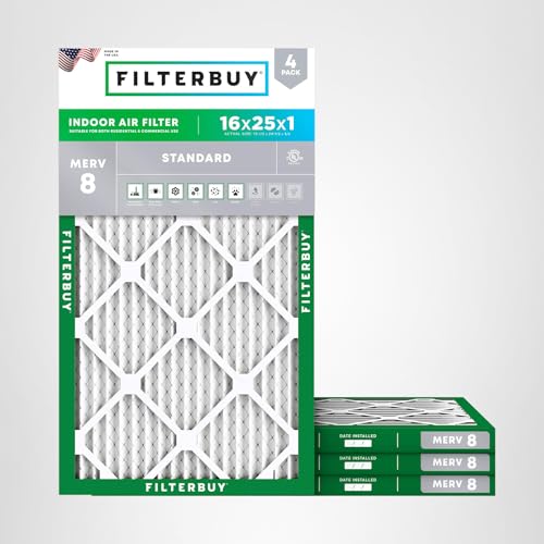 Filterbuy 1" Air Filter MERV 8 Essential Dust & Allergy Defense (4-Pack), Electrostatic Pleated HVAC AC Furnace Filters Replacement, Made in USA