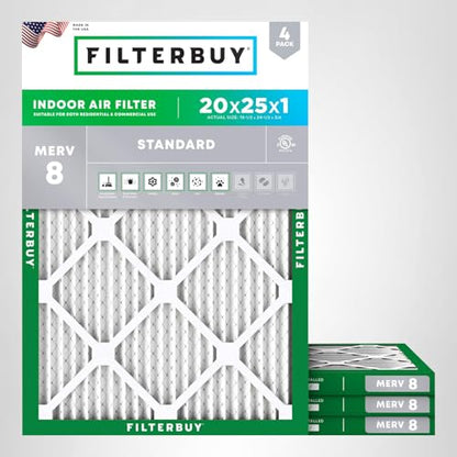 Filterbuy 1" Air Filter MERV 8 Essential Dust & Allergy Defense (4-Pack), Electrostatic Pleated HVAC AC Furnace Filters Replacement, Made in USA