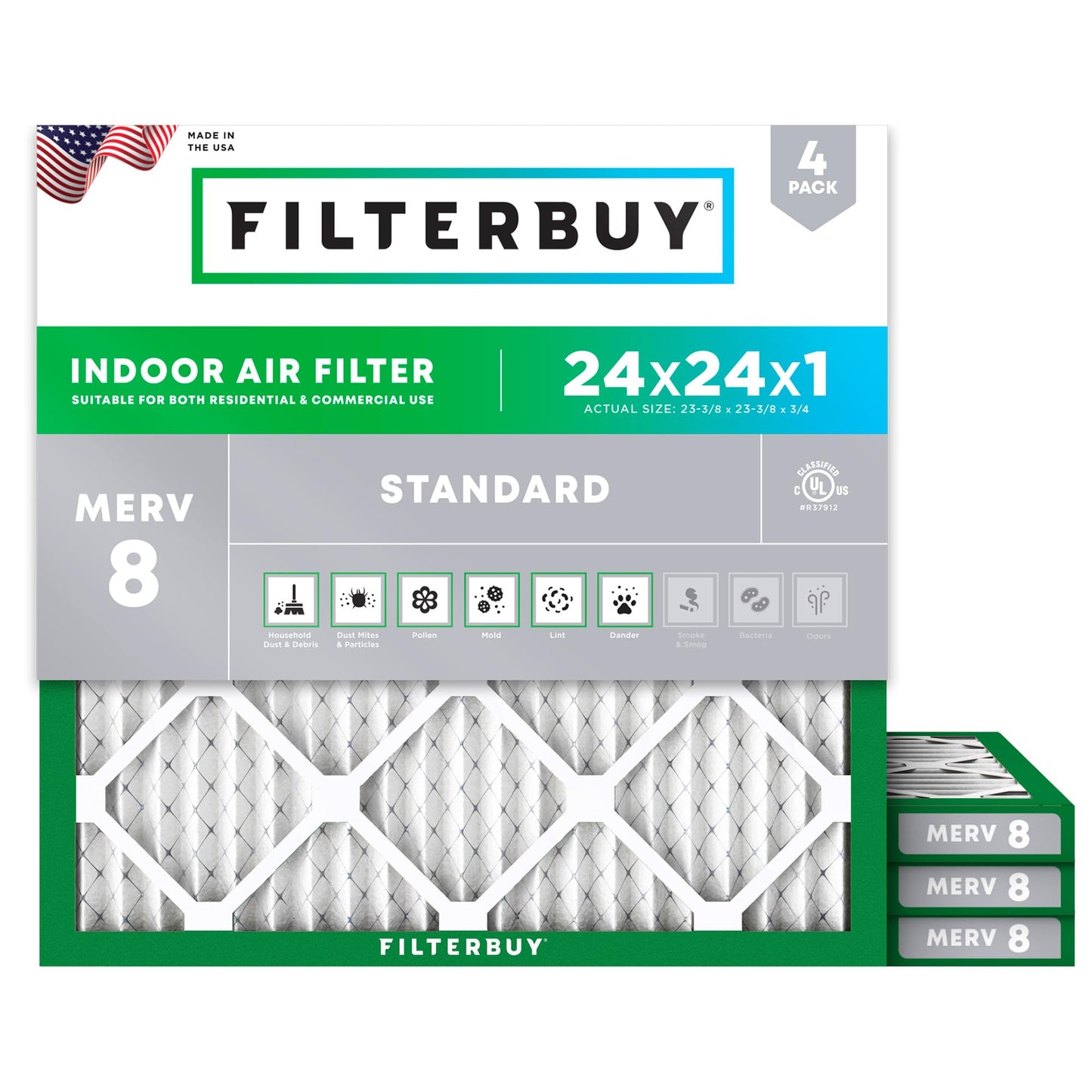 Filterbuy 1" Air Filter MERV 8 Essential Dust & Allergy Defense (4-Pack), Electrostatic Pleated HVAC AC Furnace Filters Replacement, Made in USA