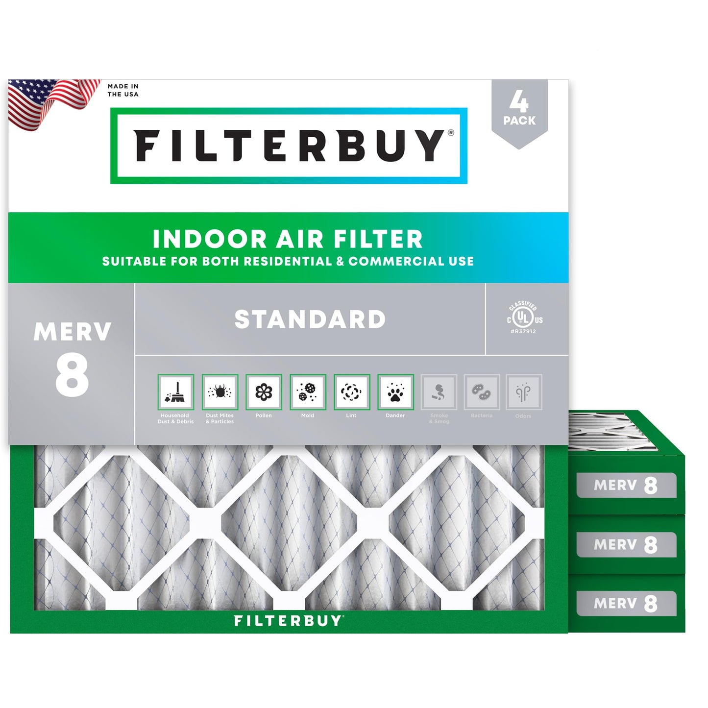 Filterbuy 1" Air Filter MERV 8 Essential Dust & Allergy Defense (4-Pack), Electrostatic Pleated HVAC AC Furnace Filters Replacement, Made in USA
