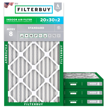 Filterbuy 1" Air Filter MERV 8 Essential Dust & Allergy Defense (4-Pack), Electrostatic Pleated HVAC AC Furnace Filters Replacement, Made in USA