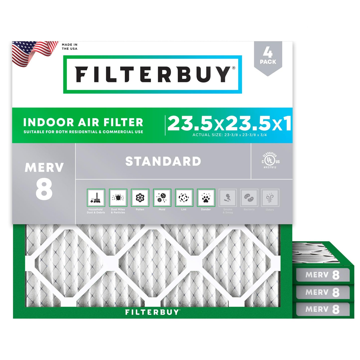 Filterbuy 1" Air Filter MERV 8 Essential Dust & Allergy Defense (4-Pack), Electrostatic Pleated HVAC AC Furnace Filters Replacement, Made in USA