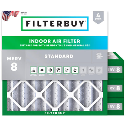 Filterbuy 1" Air Filter MERV 8 Essential Dust & Allergy Defense (4-Pack), Electrostatic Pleated HVAC AC Furnace Filters Replacement, Made in USA