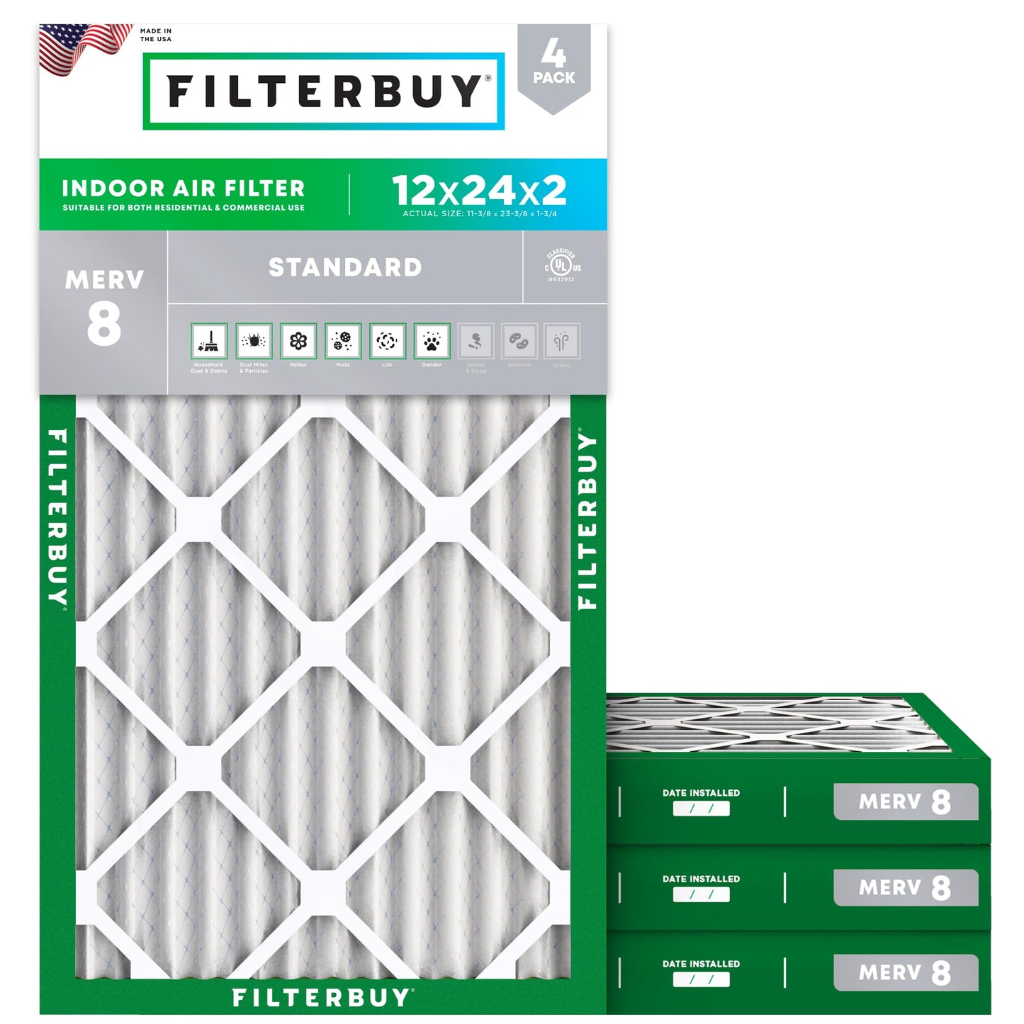Filterbuy 1" Air Filter MERV 8 Essential Dust & Allergy Defense (4-Pack), Electrostatic Pleated HVAC AC Furnace Filters Replacement, Made in USA