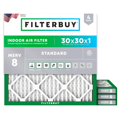 Filterbuy 1" Air Filter MERV 8 Essential Dust & Allergy Defense (4-Pack), Electrostatic Pleated HVAC AC Furnace Filters Replacement, Made in USA