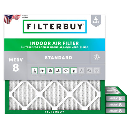 Filterbuy 1" Air Filter MERV 8 Essential Dust & Allergy Defense (4-Pack), Electrostatic Pleated HVAC AC Furnace Filters Replacement, Made in USA