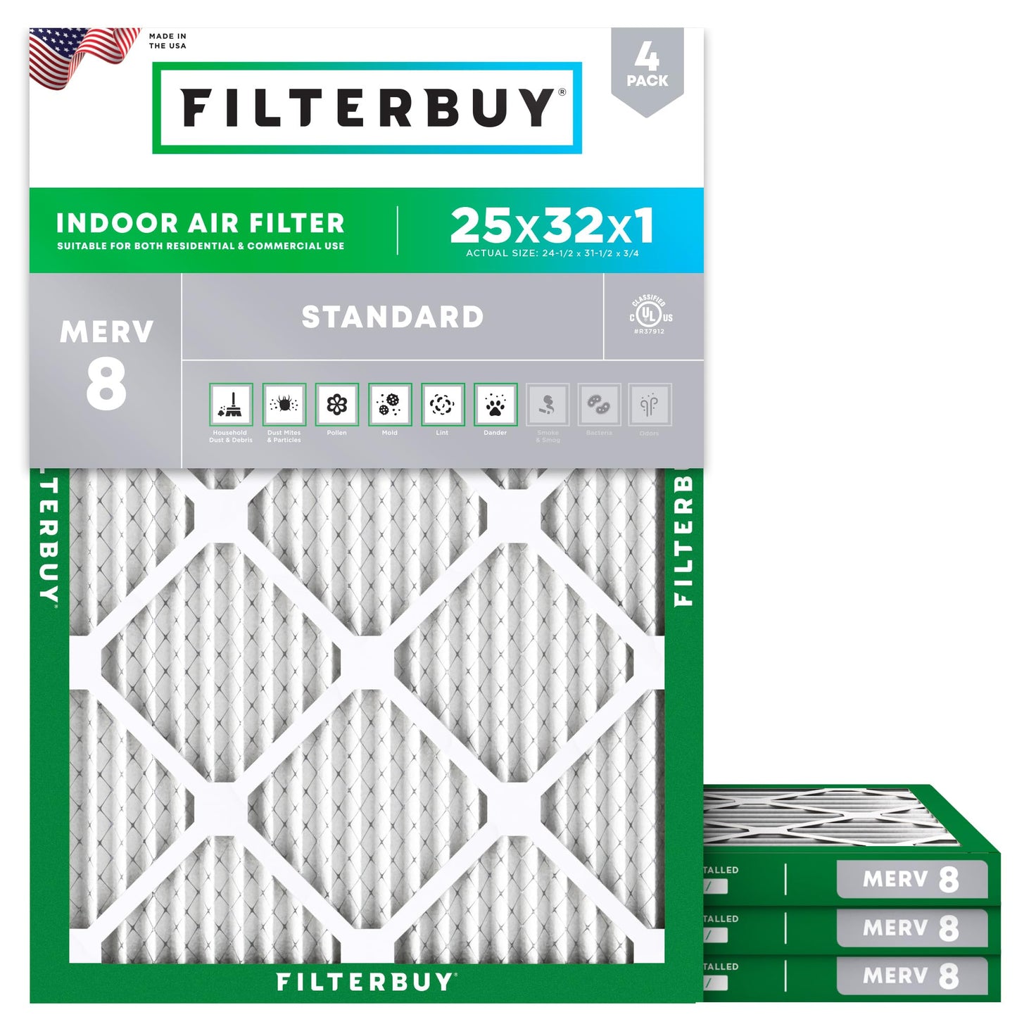 Filterbuy 1" Air Filter MERV 8 Essential Dust & Allergy Defense (4-Pack), Electrostatic Pleated HVAC AC Furnace Filters Replacement, Made in USA