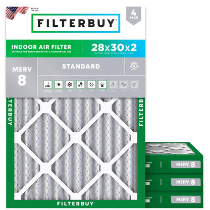 Filterbuy 1" Air Filter MERV 8 Essential Dust & Allergy Defense (4-Pack), Electrostatic Pleated HVAC AC Furnace Filters Replacement, Made in USA