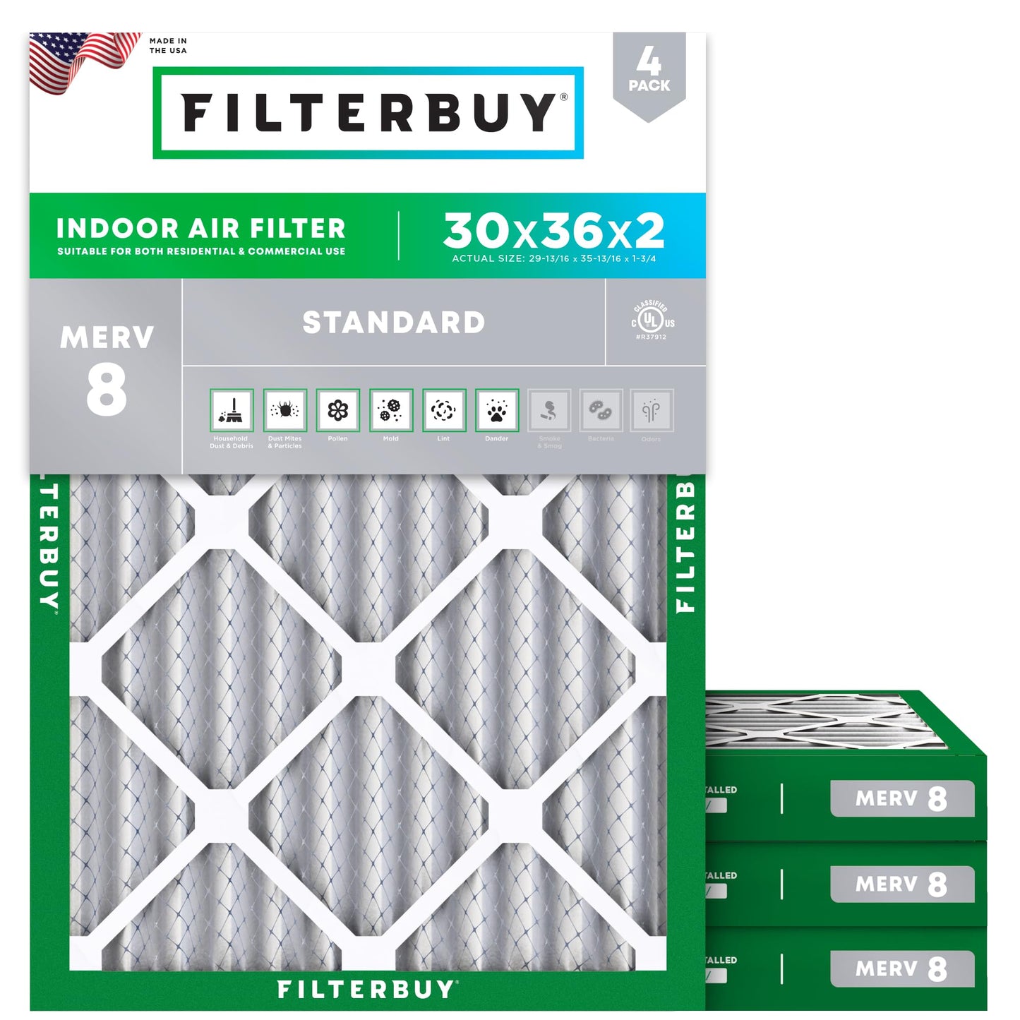 Filterbuy 1" Air Filter MERV 8 Essential Dust & Allergy Defense (4-Pack), Electrostatic Pleated HVAC AC Furnace Filters Replacement, Made in USA