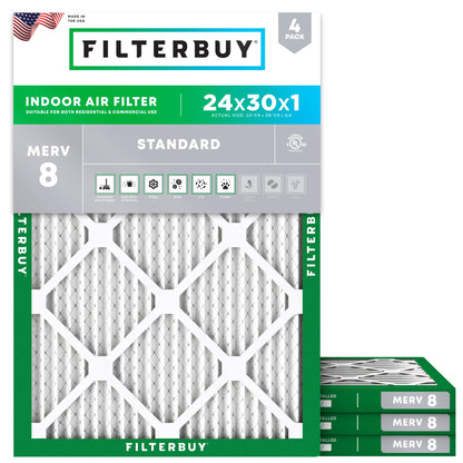 Filterbuy 1" Air Filter MERV 8 Essential Dust & Allergy Defense (4-Pack), Electrostatic Pleated HVAC AC Furnace Filters Replacement, Made in USA