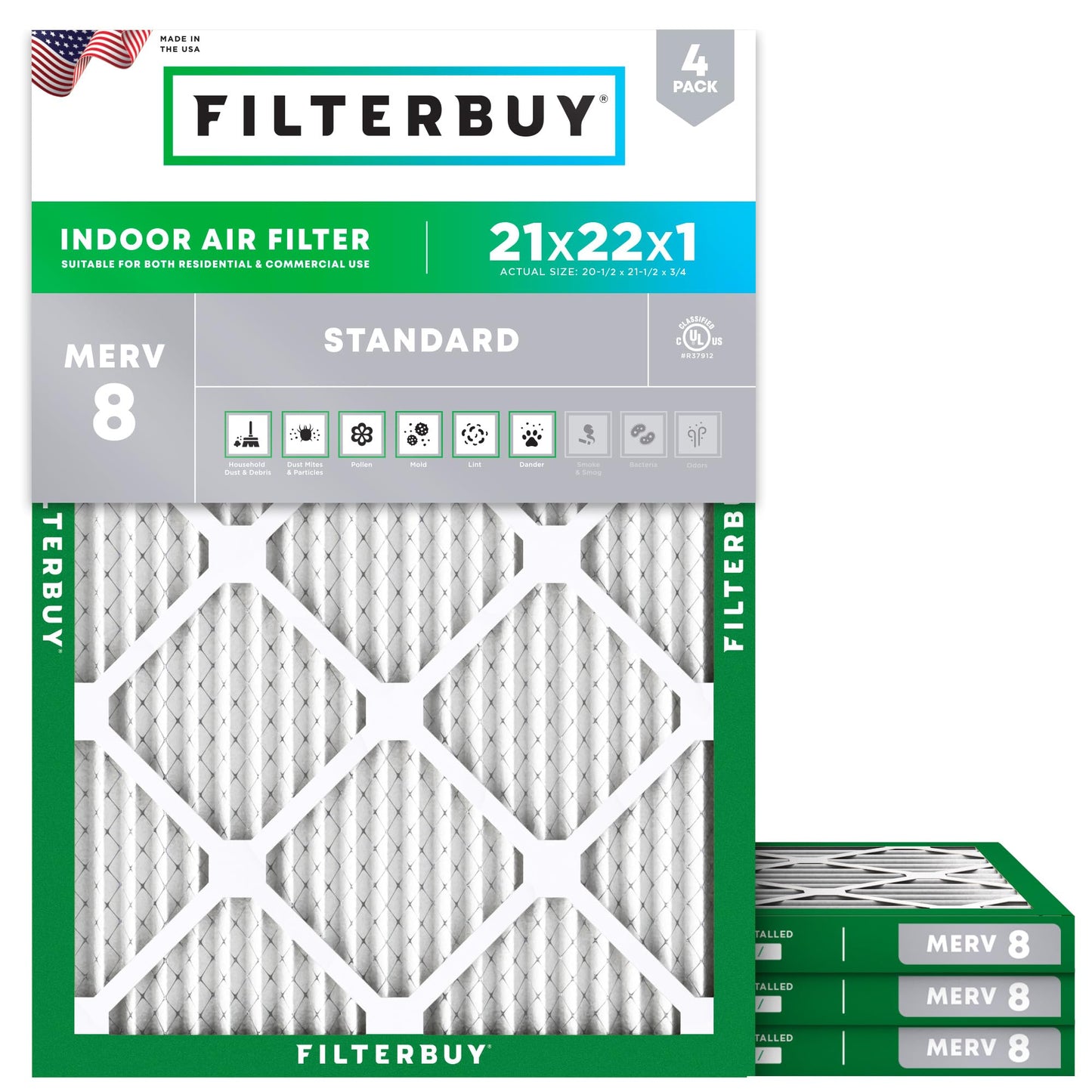 Filterbuy 1" Air Filter MERV 8 Essential Dust & Allergy Defense (4-Pack), Electrostatic Pleated HVAC AC Furnace Filters Replacement, Made in USA