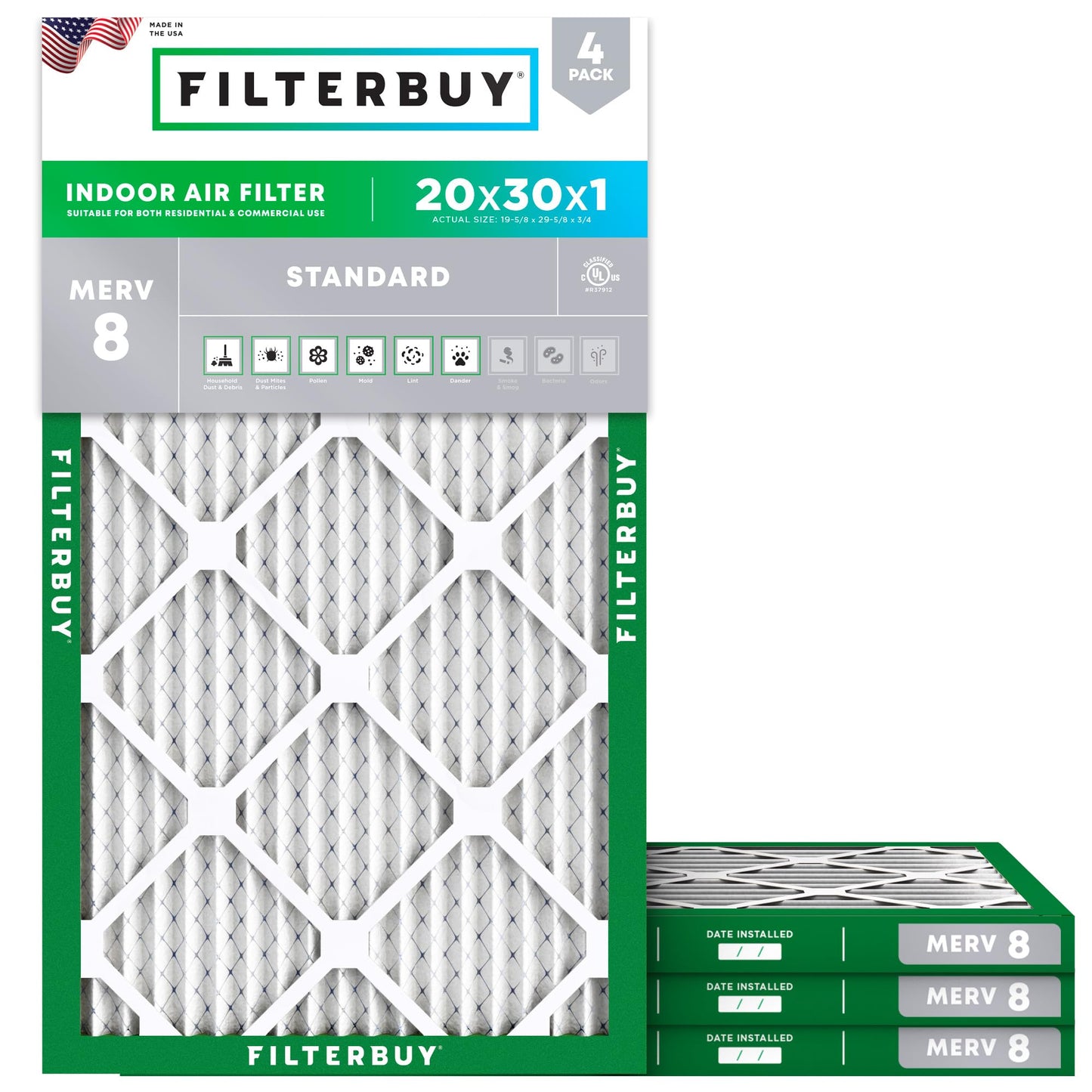 Filterbuy 1" Air Filter MERV 8 Essential Dust & Allergy Defense (4-Pack), Electrostatic Pleated HVAC AC Furnace Filters Replacement, Made in USA
