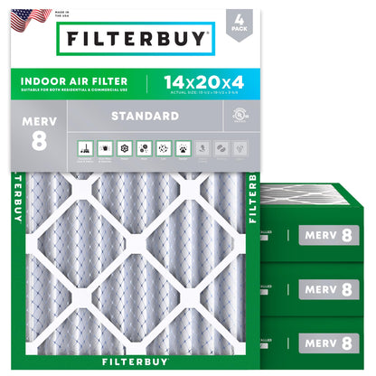 Filterbuy 1" Air Filter MERV 8 Essential Dust & Allergy Defense (4-Pack), Electrostatic Pleated HVAC AC Furnace Filters Replacement, Made in USA