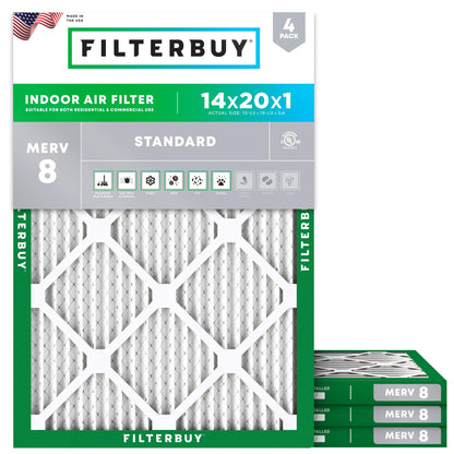 Filterbuy 1" Air Filter MERV 8 Essential Dust & Allergy Defense (4-Pack), Electrostatic Pleated HVAC AC Furnace Filters Replacement, Made in USA