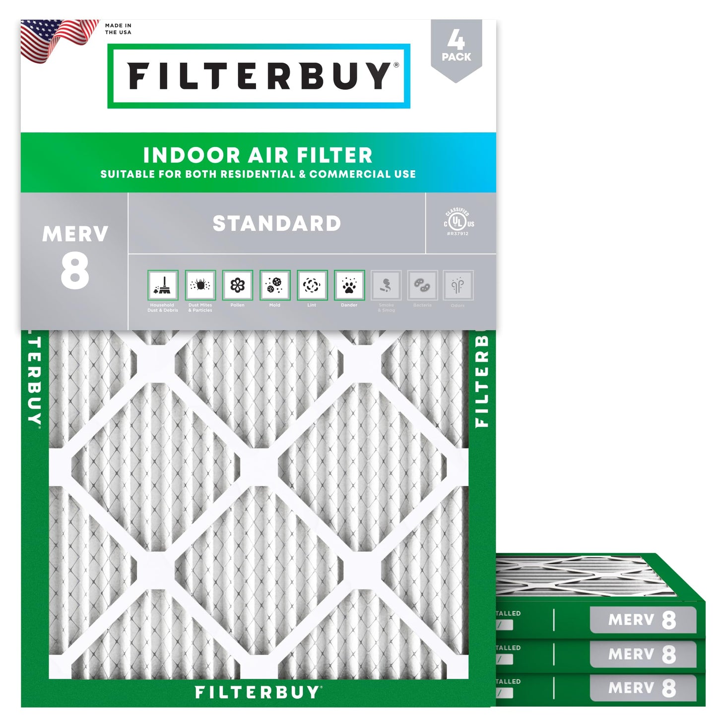 Filterbuy 1" Air Filter MERV 8 Essential Dust & Allergy Defense (4-Pack), Electrostatic Pleated HVAC AC Furnace Filters Replacement, Made in USA