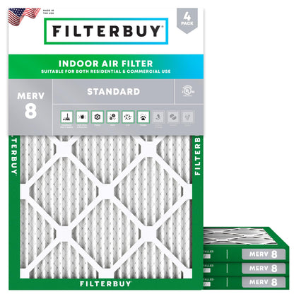 Filterbuy 1" Air Filter MERV 8 Essential Dust & Allergy Defense (4-Pack), Electrostatic Pleated HVAC AC Furnace Filters Replacement, Made in USA