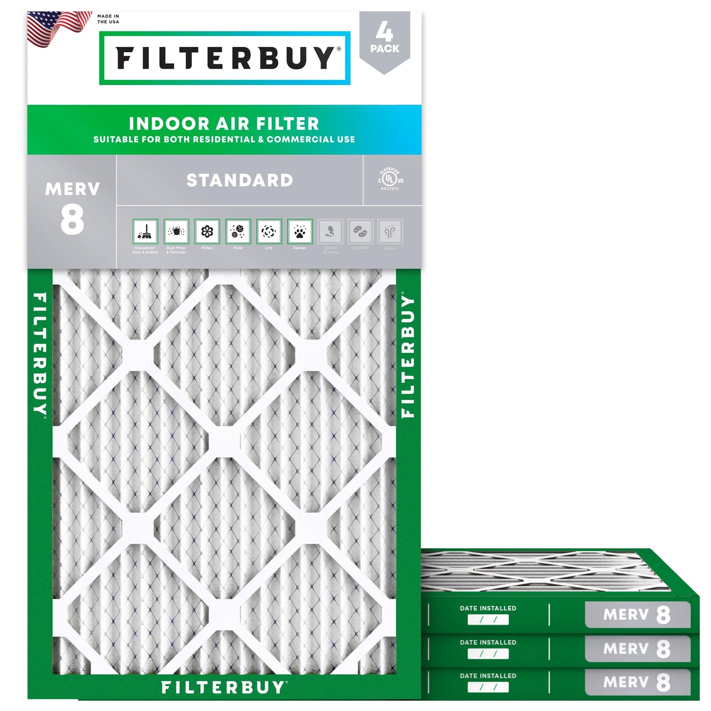 Filterbuy 1" Air Filter MERV 8 Essential Dust & Allergy Defense (4-Pack), Electrostatic Pleated HVAC AC Furnace Filters Replacement, Made in USA