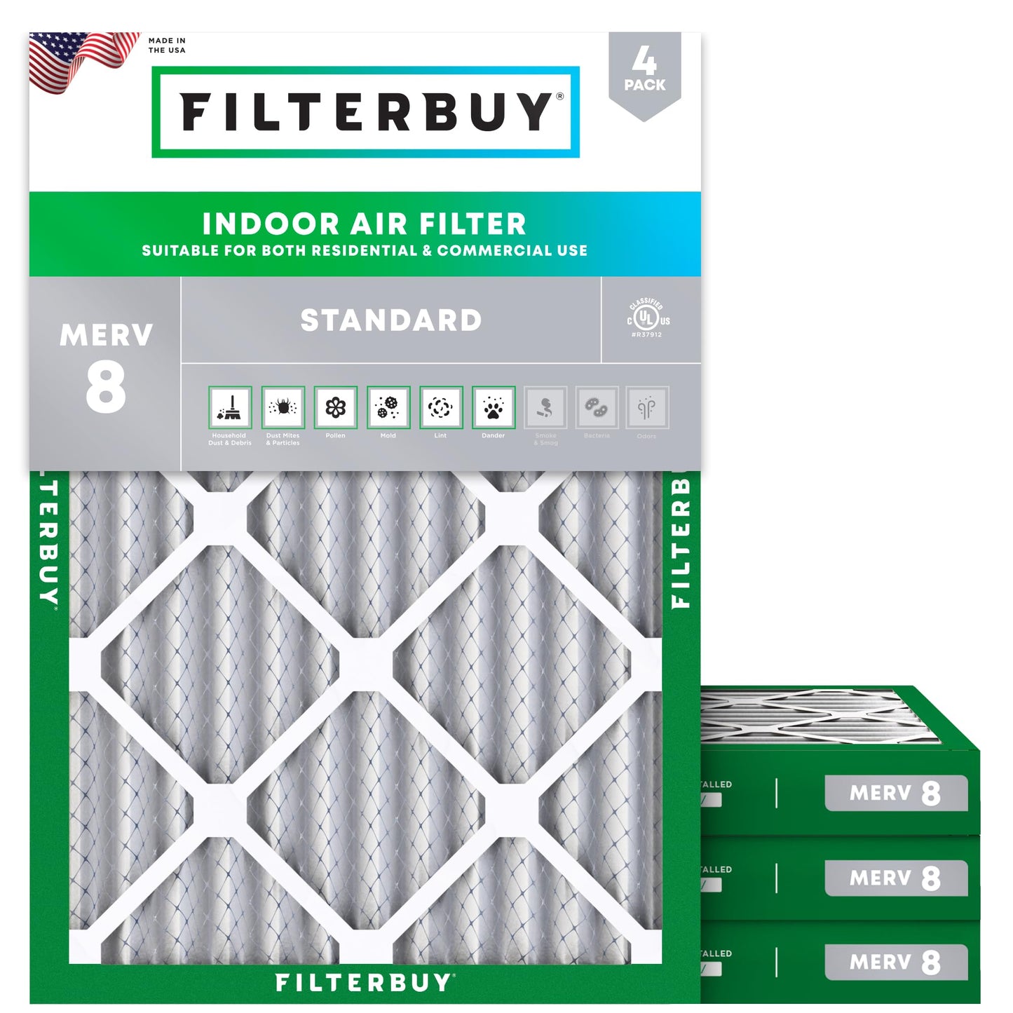 Filterbuy 1" Air Filter MERV 8 Essential Dust & Allergy Defense (4-Pack), Electrostatic Pleated HVAC AC Furnace Filters Replacement, Made in USA